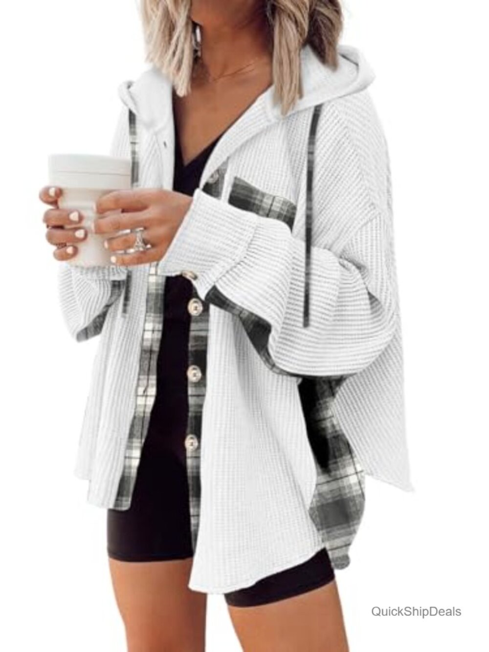 Waffle Knit Plaid Hooded Shacket Button Down Casual Jacket